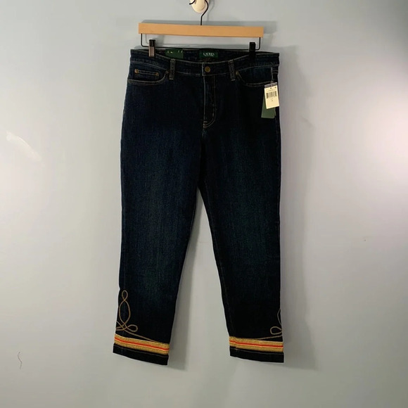 Laren Ralph Lauren gold red embroidered soutache cuff medium wash jeans size 12 - Picture 2 of 10